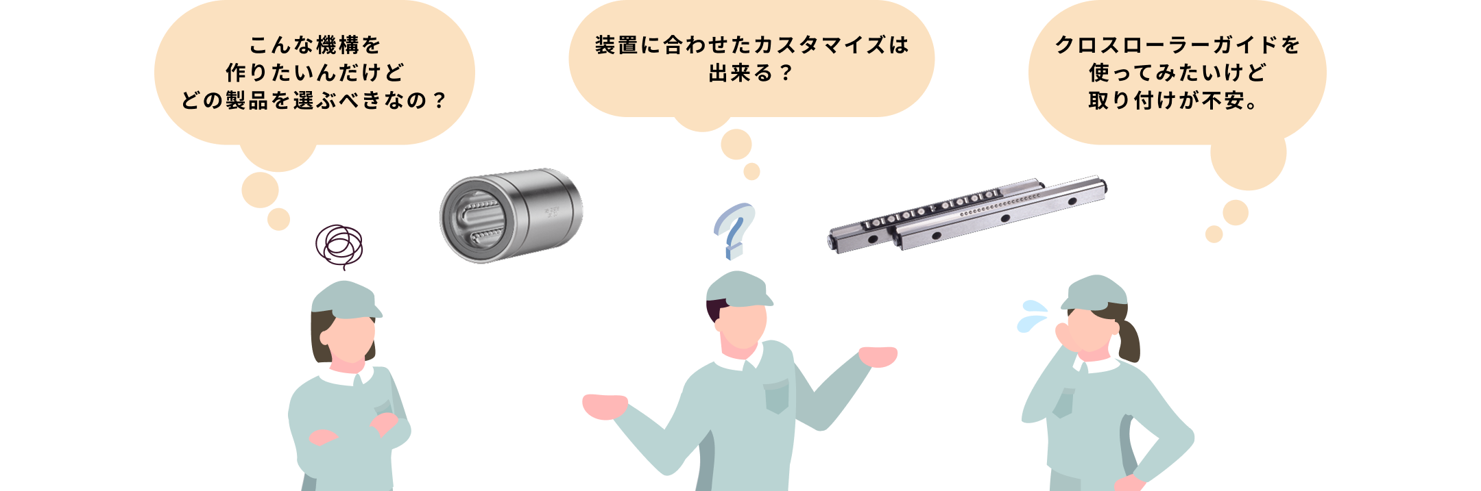 こんな機構を作りたいんだけどどの製品を選ぶべきなの？装置に合わせたカスタマイズは
        出来る？クロスローラーガイドを使ってみたいけど取り付けが不安。